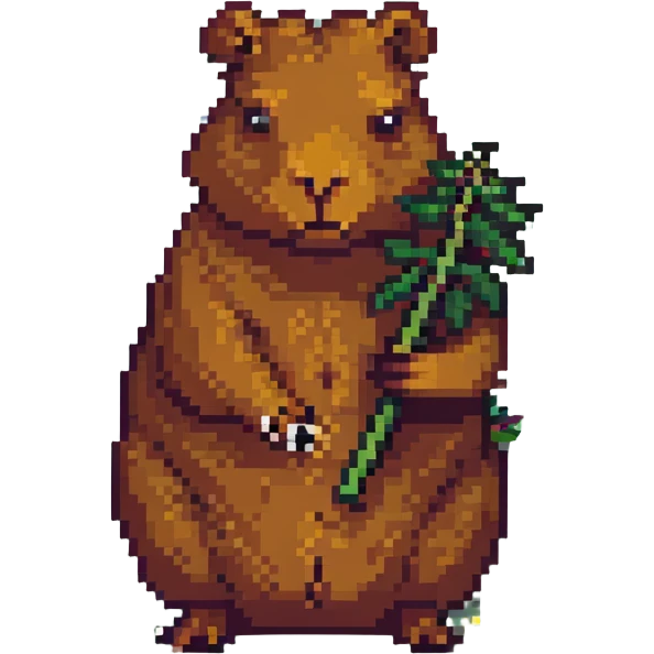 a capybara holding a hand-rolled weed joint, looking content, pixel art style emoji