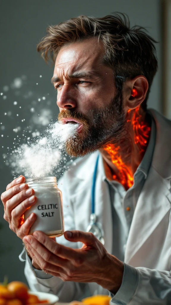 A MEDICAL ILLUSTRATION OF A REALISTIC human body holding a jar with "CELTIC SALT" written on the label, he throws it in his mouth DURING BREAKFAST emoji