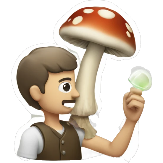 man with mushroom head holding mdication emoji