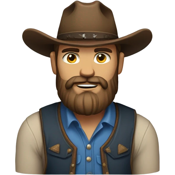 a rugged cowboy with a thick beard, wearing a blue vest over a classic western shirt. He should have a confident stance, showing full torso emoji