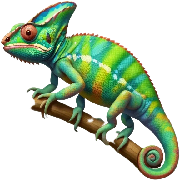 Giant chameleon on a branch, blending with vibrant greenery. Detailed scales in shifting colors, showing the chameleon’s ability to camouflage. Soft natural light highlights its texture. Lush jungle background with vivid foliage, transparent background. emoji