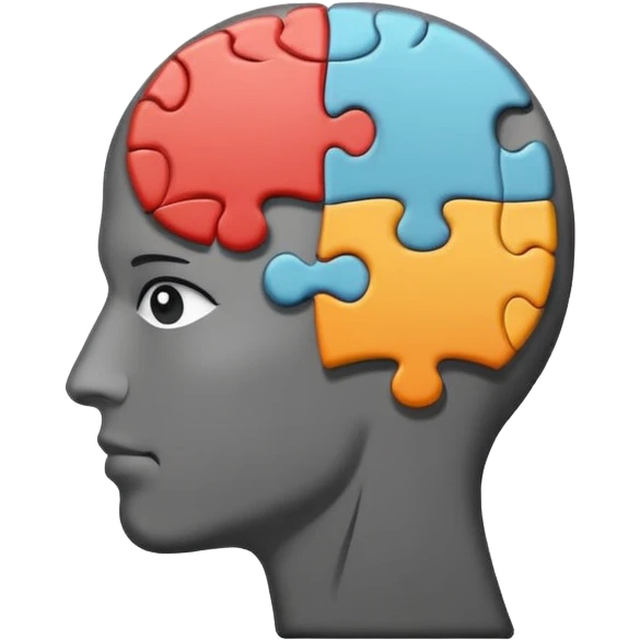 Minimalistic flat vector icon, iOS style, thin black contour on white background. Human head profile with a brain inside, split into puzzle pieces. No text, no shadows. emoji