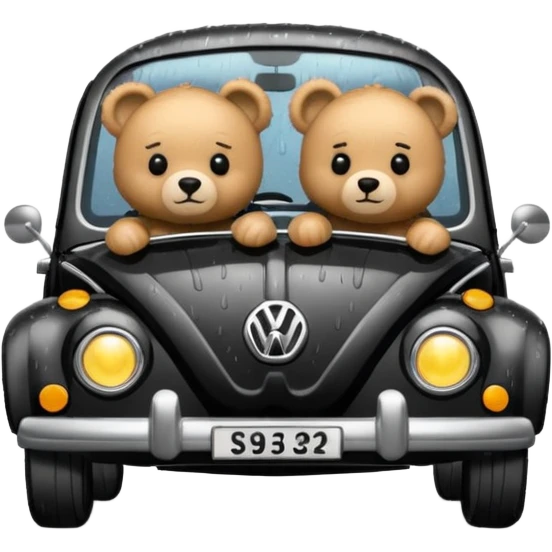 Two teddy bears in black Volkswagen in the rain emoji