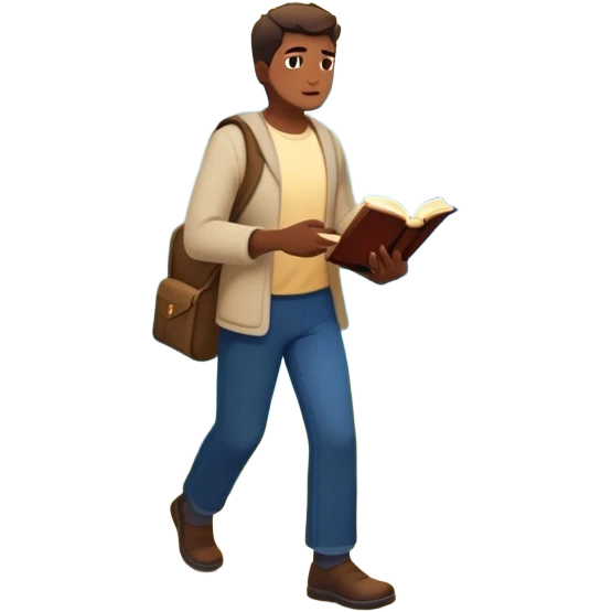 A man walks from darkness and inner conflict toward a glowing light in his chest, guided by intuition. Along the path, he passes through ambition and emptiness, then reaches a radiant mountaintop where healing transforms him into a fulfilled guide, holding a book and offering his hand to others. emoji