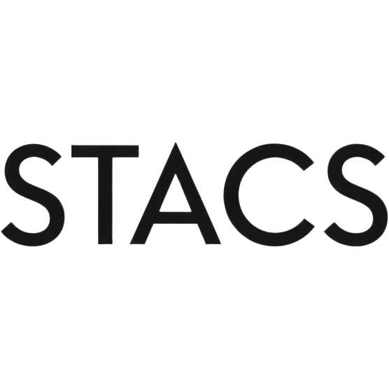 A logo for STACS, a trendy clothing and shoe retailer. The design should be minimalist, using clean lines and a modern font for the text 'STACS'. Include subtle icons representing clothes and shoes. emoji