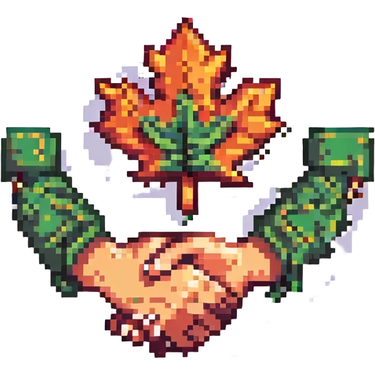 emblem representing a Canadian union, featuring a maple leaf and handshake, pixel art style emoji