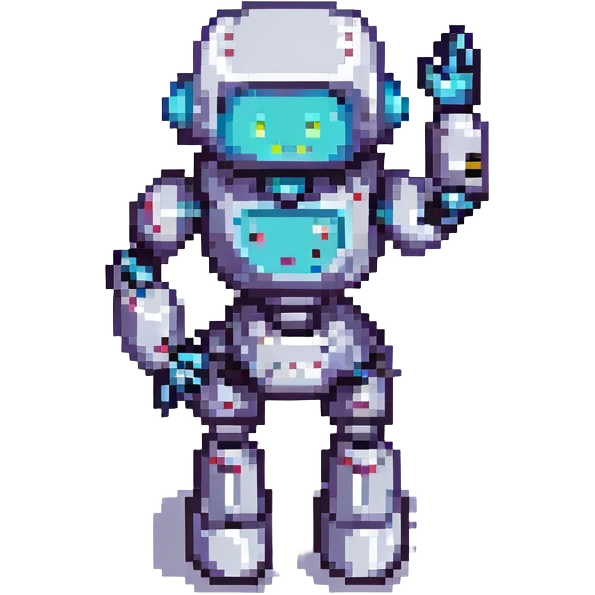 pixel art robot pondering, blocky design, hand on head emoji