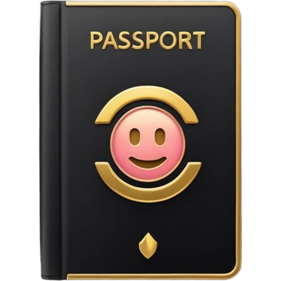 Minimal emoji icon of a black passport, matte cover, simple gold emblem, clean lighting emoji