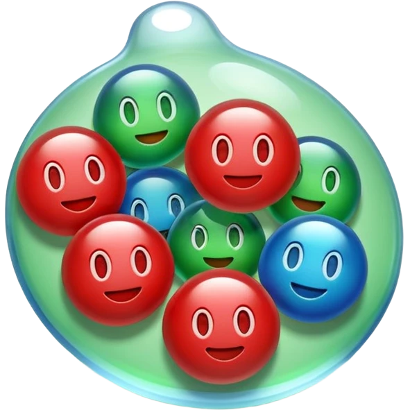 Cute 3D cartoon emoji style sticker of a 3 glass and ball game, glossy plastic texture, soft lighting, smooth shadows, playful expression, high detail, white outline sticker, transparent background (glass color green, red, & blue) emoji