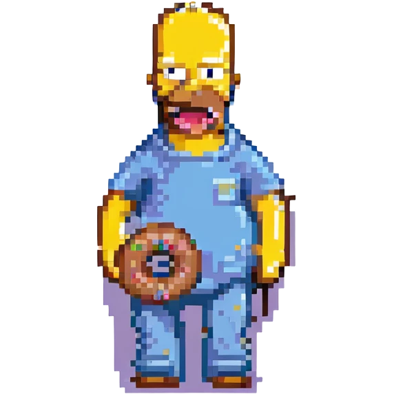 Pixel art Homer Simpson, simplified, holding a bitten donut emoji