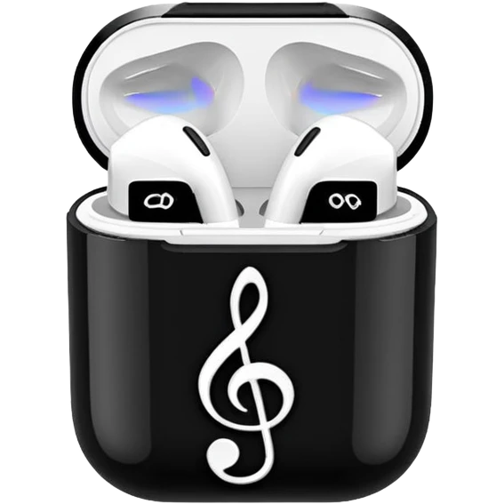 airpods in a black treble clef themed case emoji