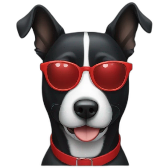 A black dog with a white snout, a white stripe down the middle, and red glasses emoji