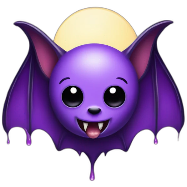 purple black vampire bat wings cute eyes flying in front of large dripping crescent moon emoji