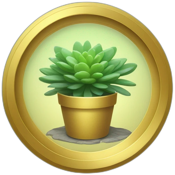 shrubbery in a circular shape behind a circular golden plate with a succulent inside it emoji