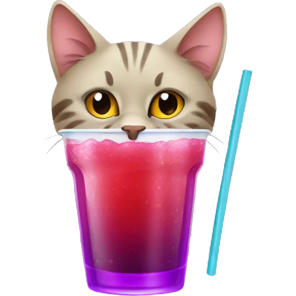 cat with red sclera drinking a purple drink with a straw emoji