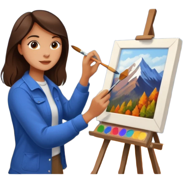 Brunette Artist painting a beautiful autumn mountain peak destination on canvas emoji