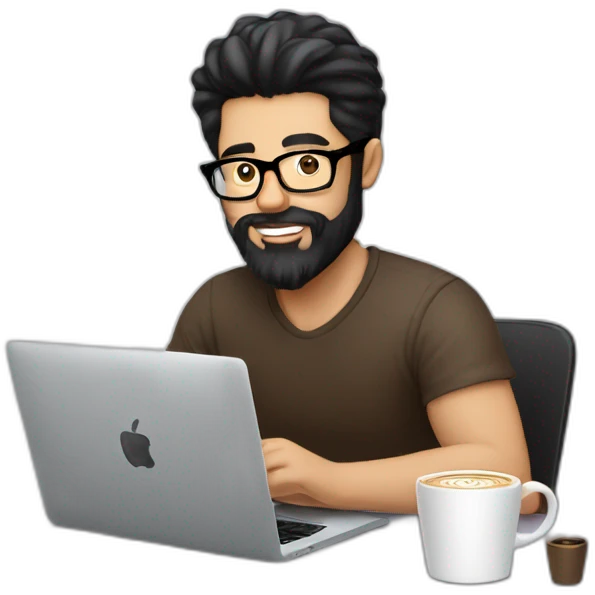 Designer with black hair, beard and glasses working with MacBook and drinking cappuccino  emoji