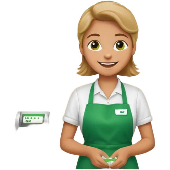 Eine Person wartet an einer Supermarktkasse. Die Kasse ist beschriftet als "Plauderkasse" und im grünen Design. emoji
