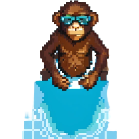 chimpanzé avec des lunettes au bord d'une piscine, style pixel art emoji