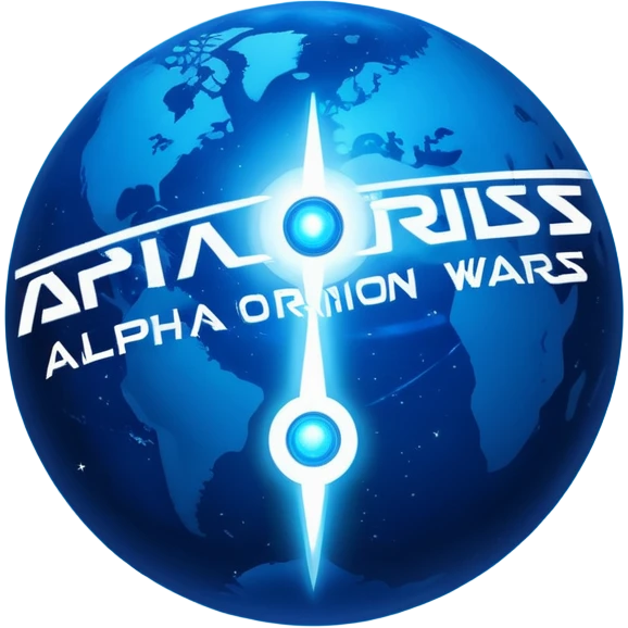 The image is a sci-fi poster with glowing blue text that reads “ALPHA ORIONIS WARS.” A bright blue planet or star glows at the bottom, and the word “STARBLAST” appears below. The design has a futuristic, space-themed look. emoji