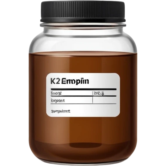 brown glass jar of supplements with white label, black thin title K2  emoji