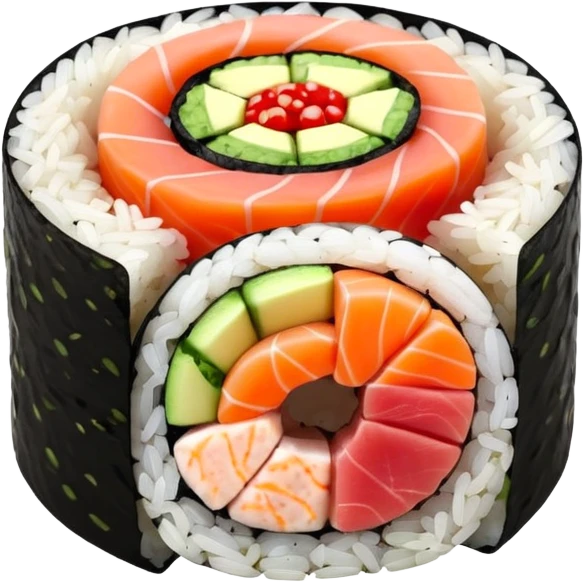 single round sushi maki cross-section, rice ring and colorful center emoji