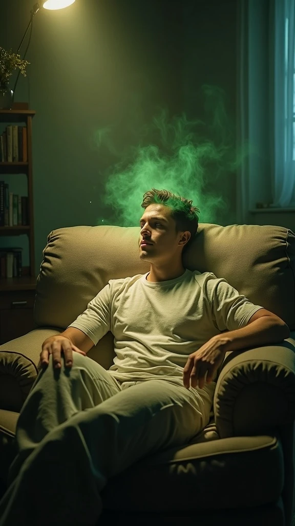 Uomo sdraiato su un divano nel primo pomeriggio, mentre fa un breve riposino. Il suo corpo appare parzialmente trasparente o stilizzato, con luce calda e flussi energetici dorati e verdi che scorrono attraverso muscoli, cervello, e organi. emoji