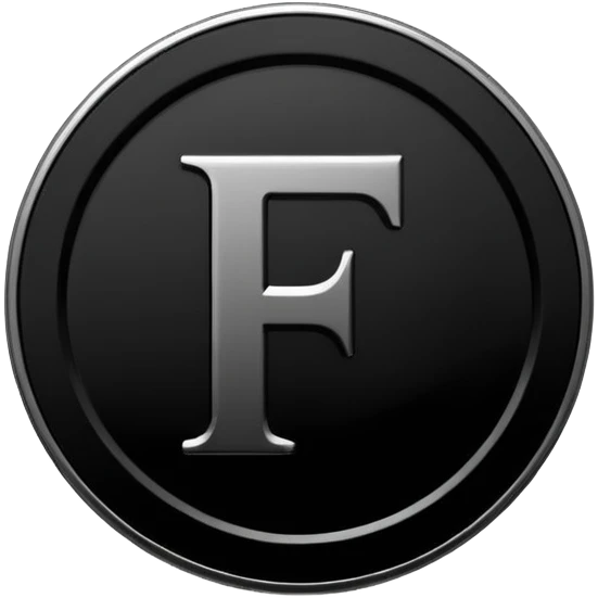 Emoji icon of a black coin with engraved letter F, minimalist style, isolated, only black color emoji