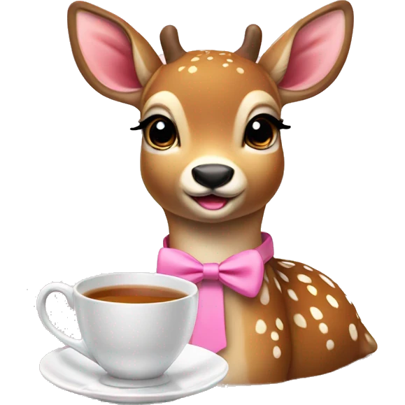super cute deer with pink bow tie drinking tea with biscuit emoji