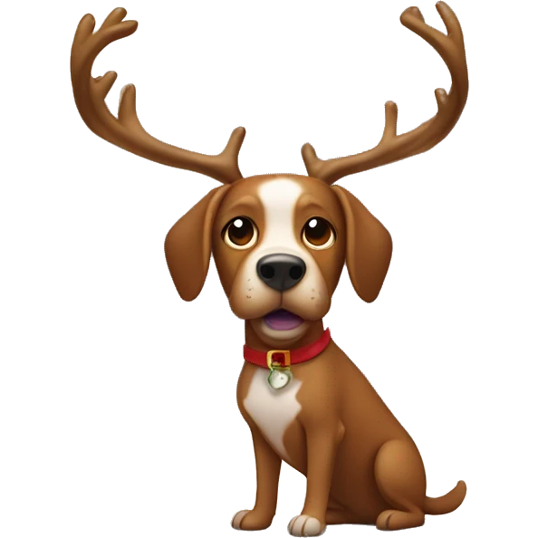 Brown dog carries antlers for Christmas and in the background is a Christmas tree emoji