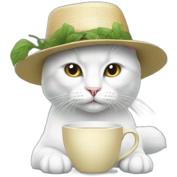 realistic White cat with cup hat emoji