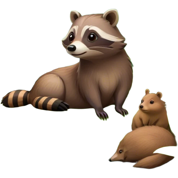 Collage of a raccoon and capybara in a lush, vibrant forest. The raccoon curiously looks around, while the capybara rests peacefully near a stream. The forest is full of green trees, leaves, and soft sunlight. A serene and natural background. emoji
