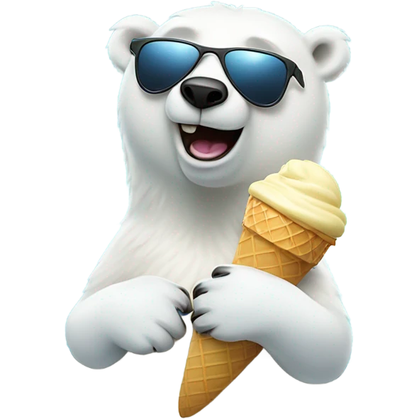 A polar bear on a surf board in the ocean wearing sunglasses and eating an ice cream cone emoji