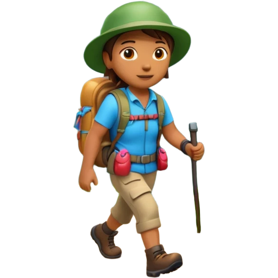 A 3D cartoon hiker walking on a forest trail with flowers and mountains in the distance, bright daylight, Memoji-style. emoji