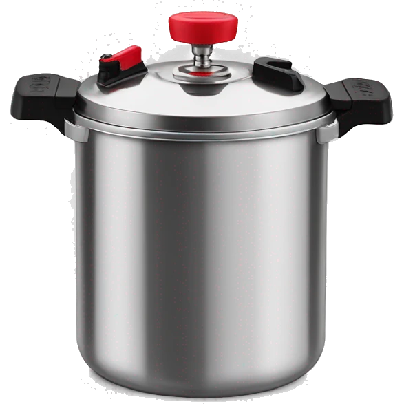 Stainless steel pressure pot, with black gights, lid with 3 clamps, red line on the knob emoji