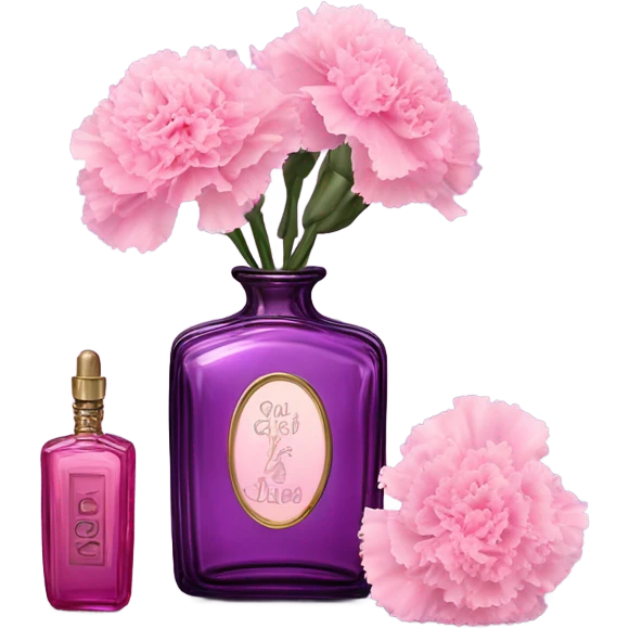 Aesthetic still life of delicate pink carnations beside a vintage purple perfume bottle. emoji