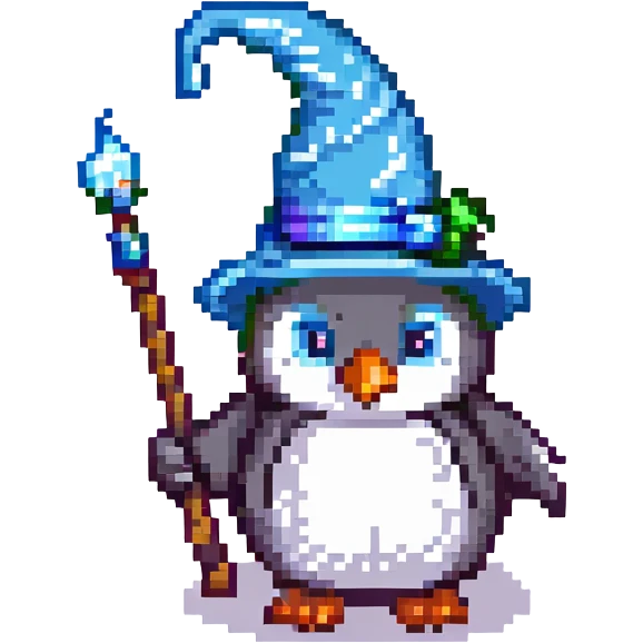 A penguin wizard with a pointy hat and a magic wand emoji