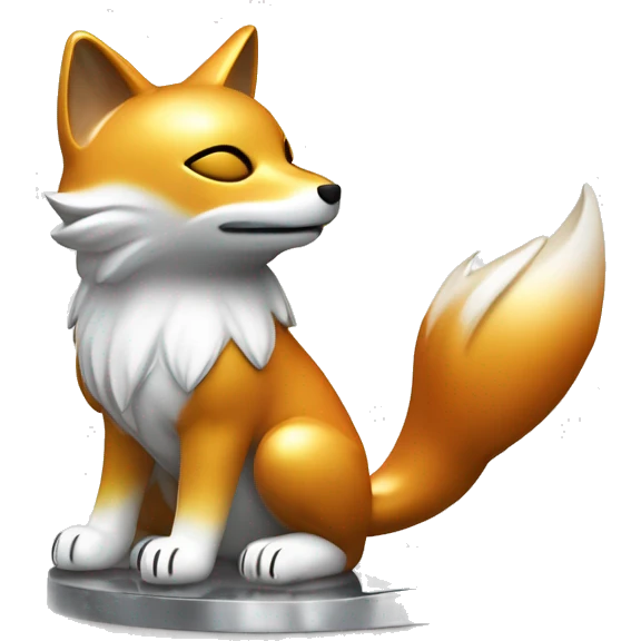 Fully chromed Maneki Neko-style fox statue in iOS emoji style, with smooth, rounded edges, reflective surface with soft light reflections. Minimalist features like the tail, raised paw, and coin. Plain white background to emphasize the chrome texture. emoji