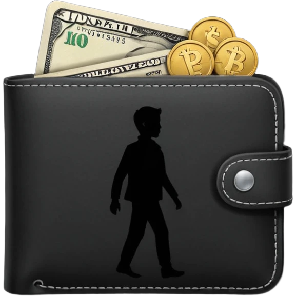 wallet with coins and a person silhouette above emoji