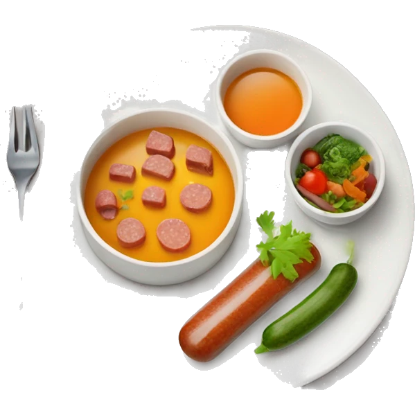 appetite lunch with soup, sausage and vegatables in the plates. Juice in glass. emoji