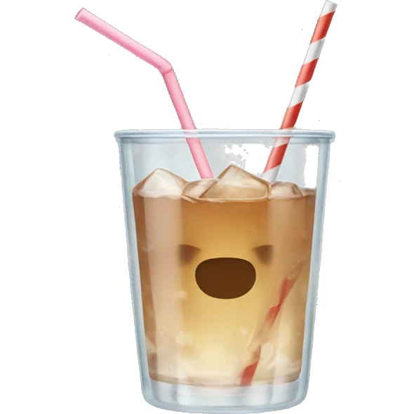 Clear glass cup with light brown drink, ice, and straw emoji