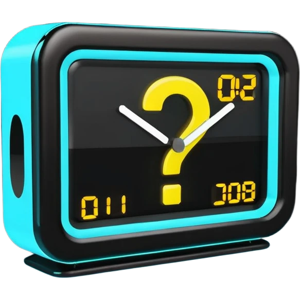 rectangular digital alarm clock with a question mark where the time would usually be emoji