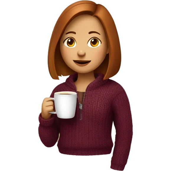 girl with chestnut bob in wine-colored sweater with zipper drinks coffee emoji