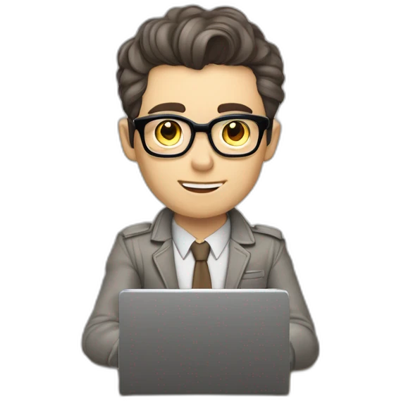 Pale skinned Fit Man With dark brown hair in gray jacket, beige office shirt and vintage glasses sitting In a soft chair with a notebook with emblem Ψ and a pen in his hands emoji
