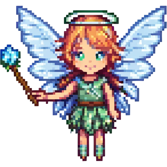 pixel art fairy with wings, holding a magic wand emoji