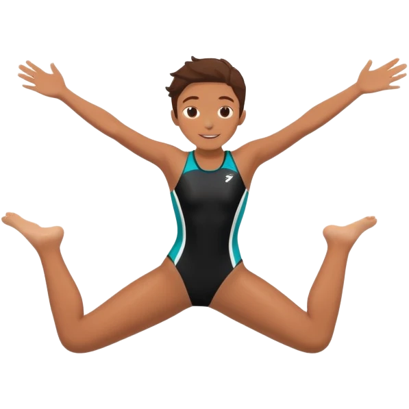 A young person leaps boldly into a sparkling pool named “Confidence,” arms wide, surrounded by skilled divers mid-air. Though less experienced, their fearless energy shines, symbolizing the courage to grow alongside greatness. emoji