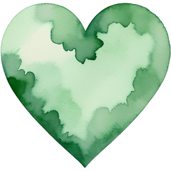 minimalist watercolor heart icon, monochromatic green washes, soft bleeding edges, on textured white paper, serene and emotional, perfect for app icon, transparent background, flat lay --style raw --stylize 150 emoji