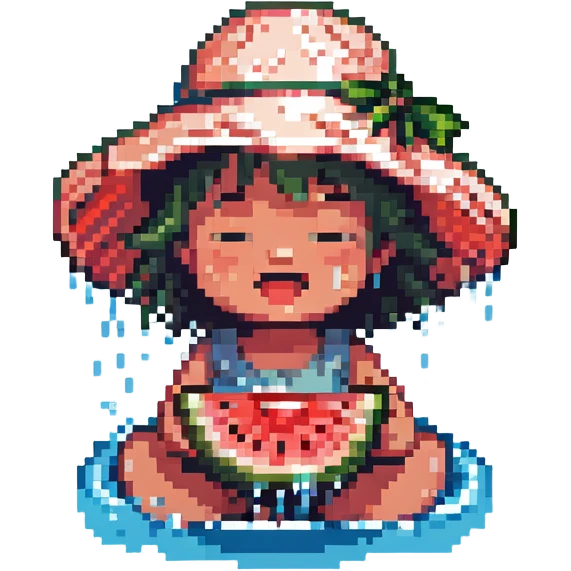 cheerful child in a big sun hat biting into a slice of watermelon by a sparkling river, water splashing, summer vibes, pixel art style emoji