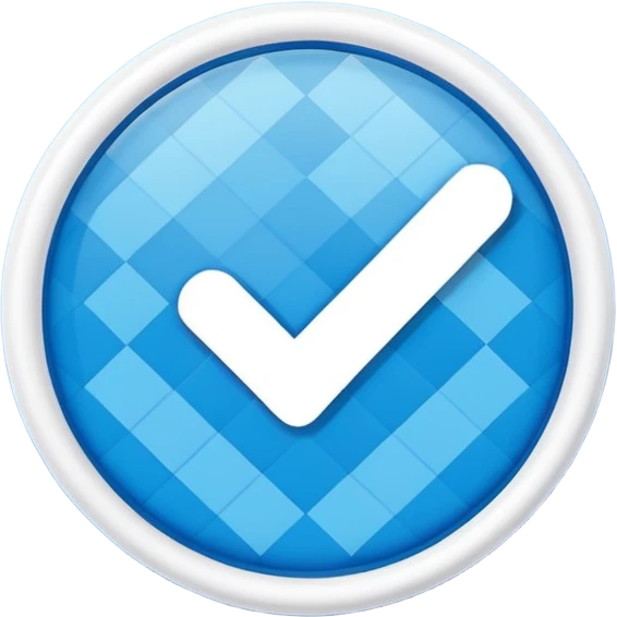 Social media verified badge, bright blue circle with white bold check mark, abstract geometric pattern inside blue circle, clean vector emoji style, modern minimal design, transparent background emoji