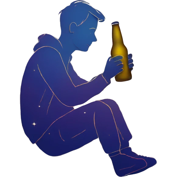 Person sat on a nebula drinking beer, line drawn style emoji